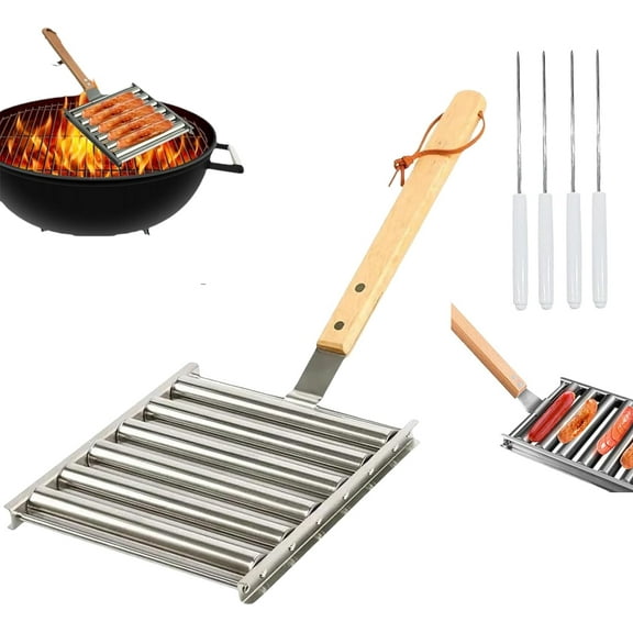 Hotdog Roller Grill, Stainless Steel Sausage Roll Rack, Hot Dog Roller with Wooden Handle and 4 Hotdog Sticks, Hot Dog Roller for Family Gatherings BBQ Grill