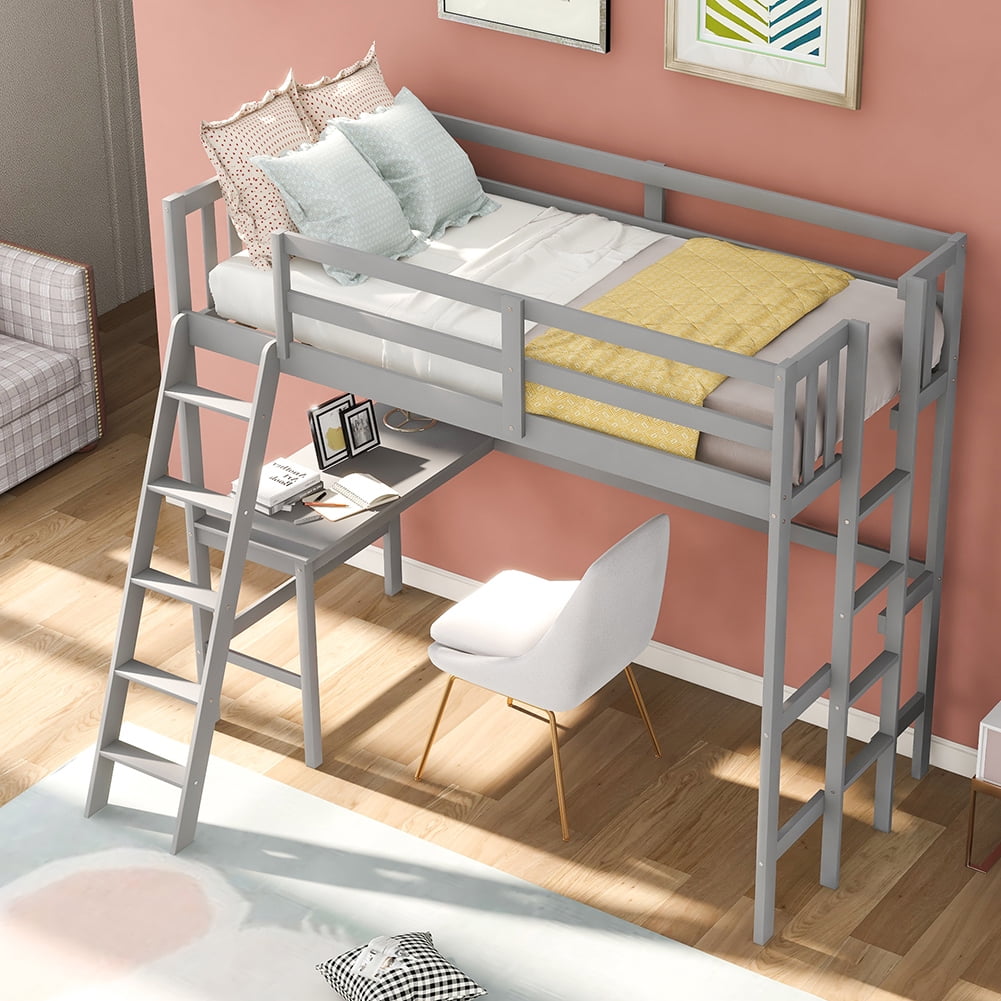 Kadyn Wood Loft Bed with Desk and Two Ladders, Twin Size Bunk Bed(Gray) Kadyn Wood Loft Bed with Desk and Two Ladders, Twin Size Bunk Bed(Gray)