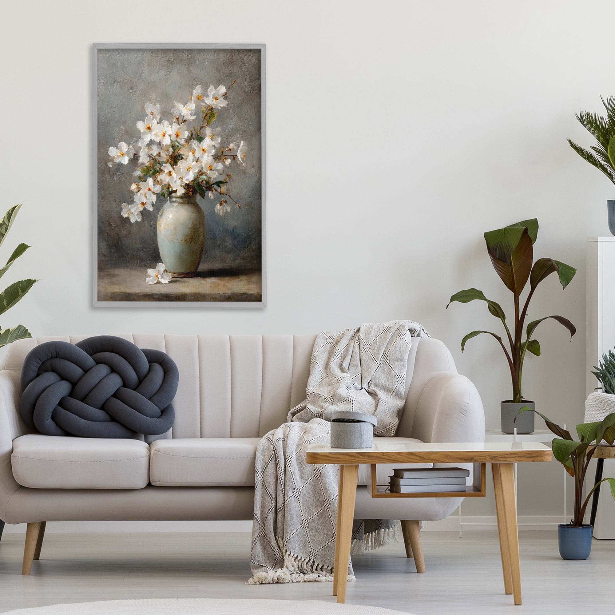 Stupell Industries Full White Flowers in Vase Gray Framed Giclee Art, design by Petal Prints Design