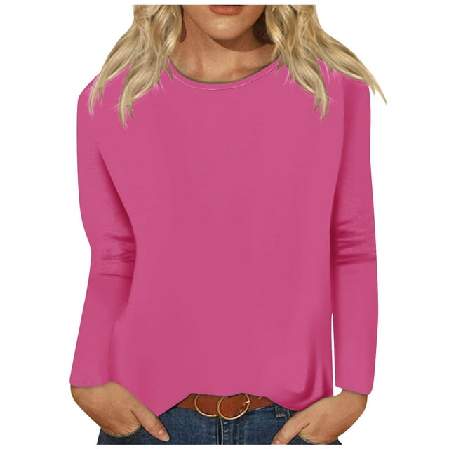 Timegard Womens Tops Long Sleeve Round Neck Solid Color Basic Tee Fall Casual Comfy Loose Tops Blouse
