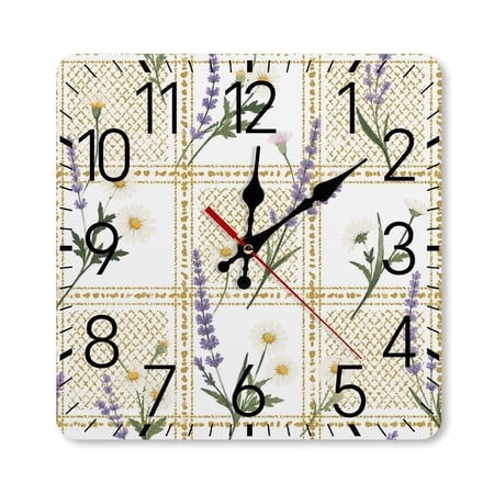 RKSupls 10×10inch Square Silent Wall Clock Wooden Frame, Daisy Lavender Gold Grid Scale Decorative Clock for Home Bedroom Living Room Office