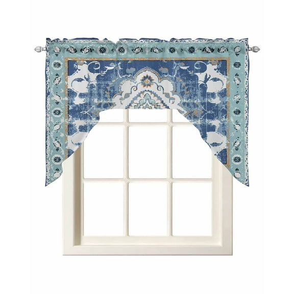 Blue Boho Kitchen Swag Valances for Windows, Farmhouse Bohemian Medallion Oriental Flower Swag Valances Curtains for Living Room, Rod Pocket Window Treatments for Bathroom, Bedroom, Cafe, 56"x36"