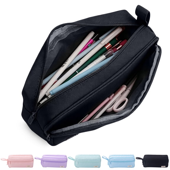 Rirool Large Capacity Pencil Case with Initial Letter, Expandable Pencil Pouch with Zipper, Cute Aesthetic Pen Bag for School Supplies, Kids Teen Girls Adults Black