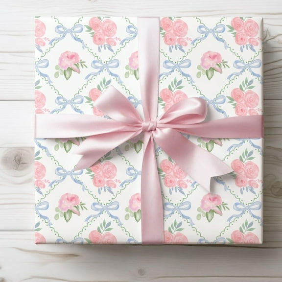Christmas Gift Wrapping Paper Watercolor Pink Floral Flower Gift Wrap for Birthday Holiday Party Present, 58x23in, 1 Roll