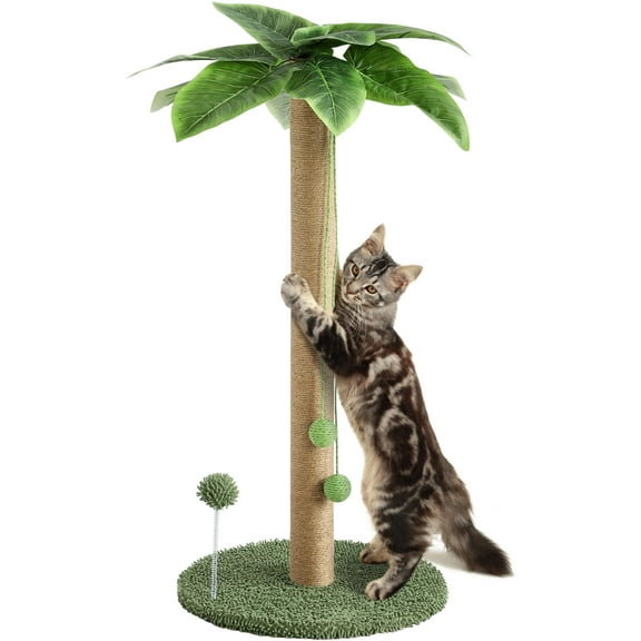KIGOTY 33-Inch Cat Scratching Post with Sisal Rope - Sturdy Cat Tree with Hanging Sound Ball, Leaf-Decorated Design for Multiple Adult Cats