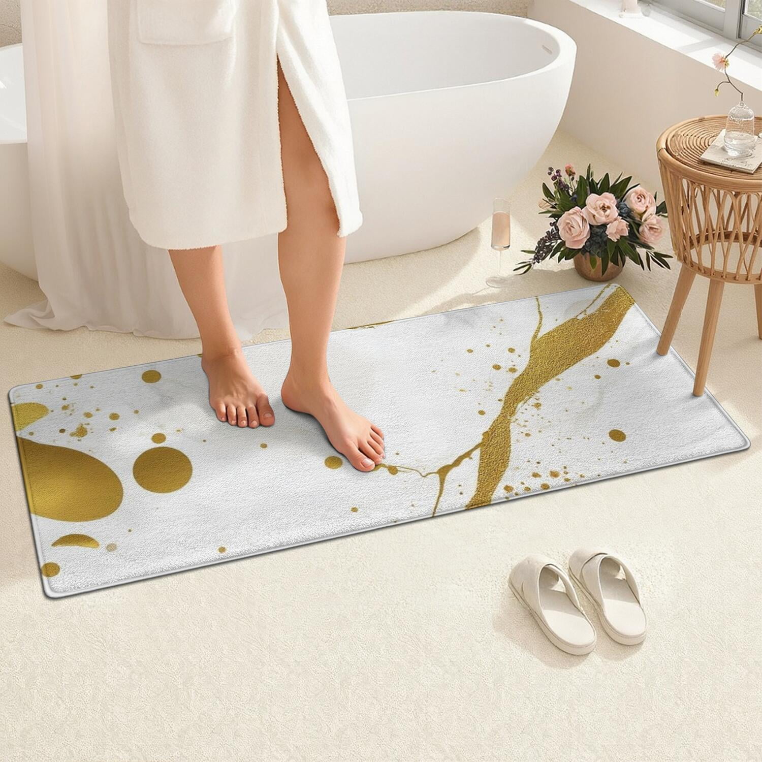 White Gold Marble Pattern Bathroom Rugs Mat,Non Slip Microfiber Bathroom Rug,Rubber Backing,Soft Bathroom Mats for Bathroom Floor,Tub and Shower,60x24in(150x60cm)