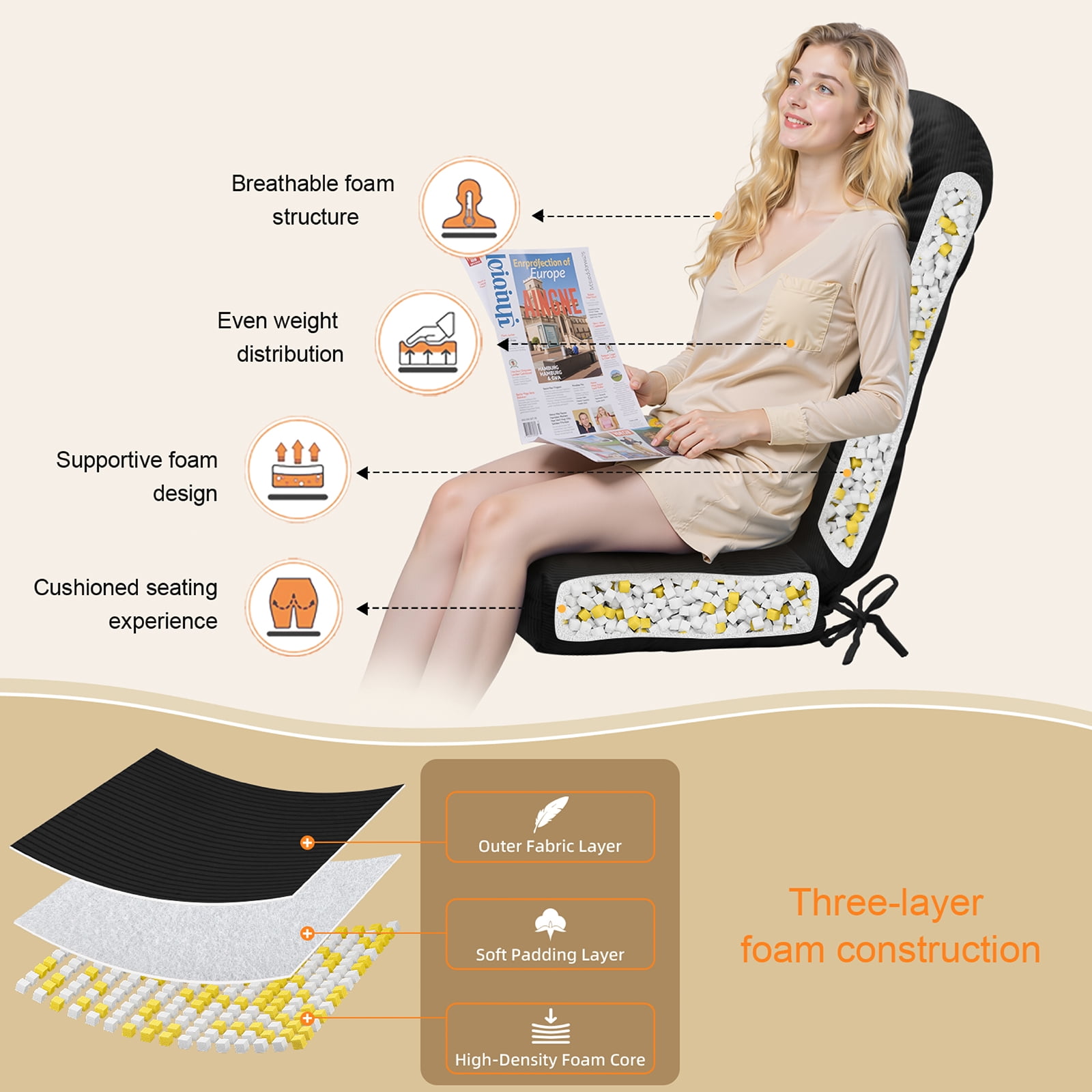 Millsilo Rocking Chair Cushion Set 44" x 19" x 4", High Back Tufted Cushion, Soft Breathable Corduroy Fabric, Non-Slip, Black