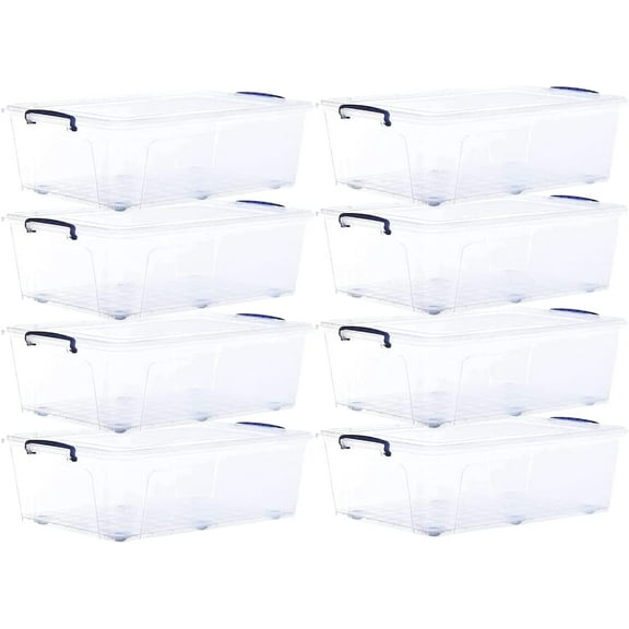 Superio Under Bed Storage Containers with Wheels (8 Pack), Flat Clear Storage Bin Stackable Large Storage Latch Box with Lids Store Cloths, Bedding, Linen, For Under The Bed, Garage, Home
