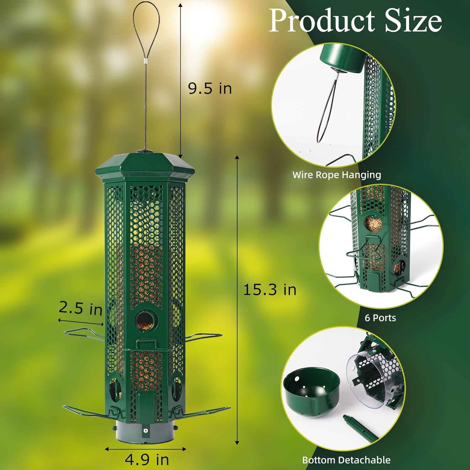 Squirrel Proof Bird Feeders with Removable Base, Metal Wild Bird Feeder for Outdoors Hanging, 6 Weight-Activated Ports Perches, 3LB Seed Capacity(Gray)