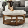 thumbnail image 2 of CQSXDA Large Round Upholstered Tufted Linen Wood Shelf Storage Coffee Table, For Living Room, Ivory, 2 of 7