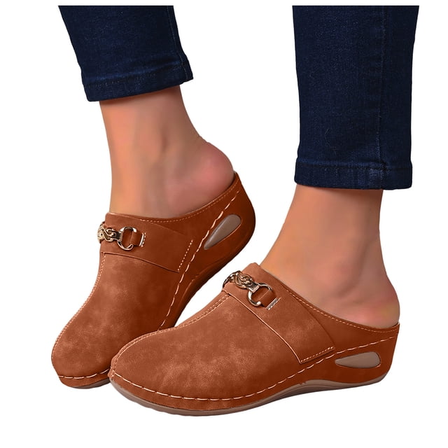 Wedge Suede Clogs for Women Retro Closed Toe Mules Comfortable Dress Slides Soft Soled Backless Platform Sandals Brown Size 9