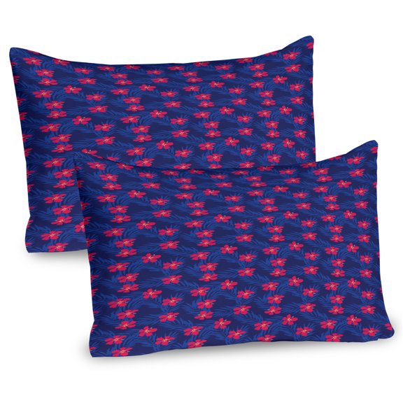 Ambesonne Tropical Pillow Sham 2 Pack, Hibiscus Blossom Jungle, 30"x20", Persian Blue Dark Coral
