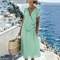 thumbnail image 3 of Pounoo Women's Dresses V Neck Short Sleeve Wrap Linen Blend Midi Dress With Waist Tie Casual Beach Wear Lightweight Breathable Loose Fit Vacation Sundresses Gift, 3 of 7