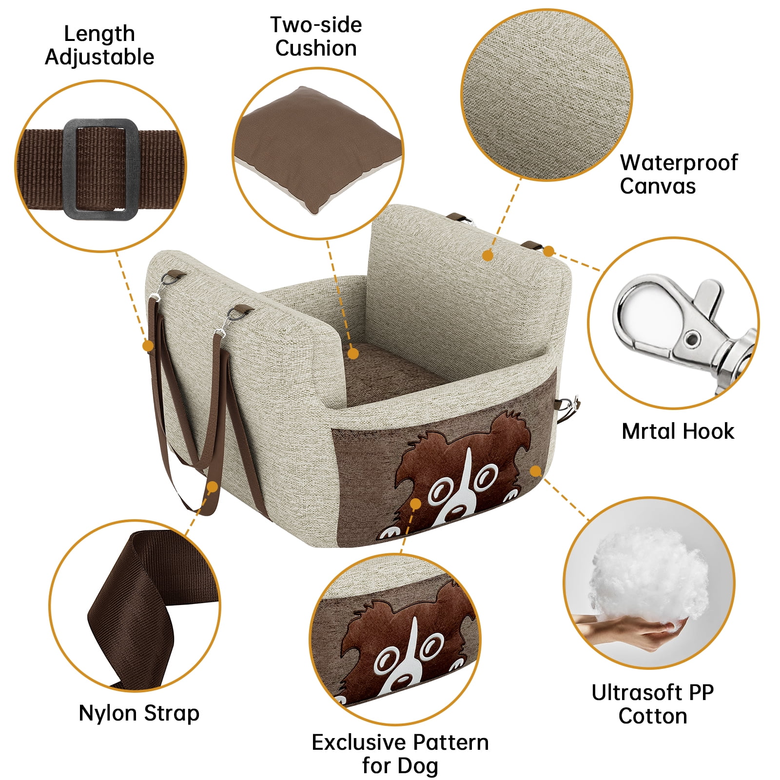 Baxluxe Pet Booster Seat for Car, Secure Travel Carrier Dog Car Seat with Safe Buckle, Portable Dog Bed Carrier Bag with Foam Filling, Thickened Dog Car Seat for Puppy, 21"Lx21"Wx17"H, Beige