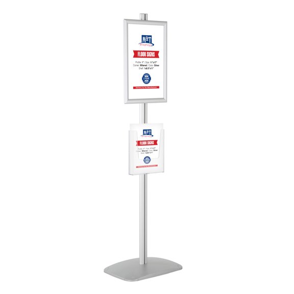 M&T Displays Free Standing Display Stand with 1 x (11X17) Frame in Portrait/Landscape and 1 x (8.5x11) Clear Pocket Shelf, Single Sided (Silver)