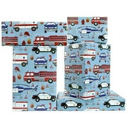 Black/Blue & White PresNok Police Car, White Ambulance, Red FireTruck On Off-blue Emergency City Rescue Theme Vehicle Transpoart Wrapping Paper - 6 Folded Flat Sheets 20 x 28 Inches Per Sheet