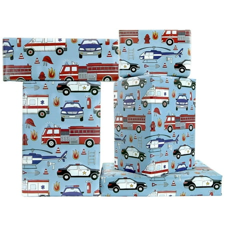 Black/Blue & White PresNok Police Car, White Ambulance, Red FireTruck On Off-blue Emergency City Rescue Theme Vehicle Transpoart Wrapping Paper - 6 Folded Flat Sheets 20 x 28 Inches Per Sheet