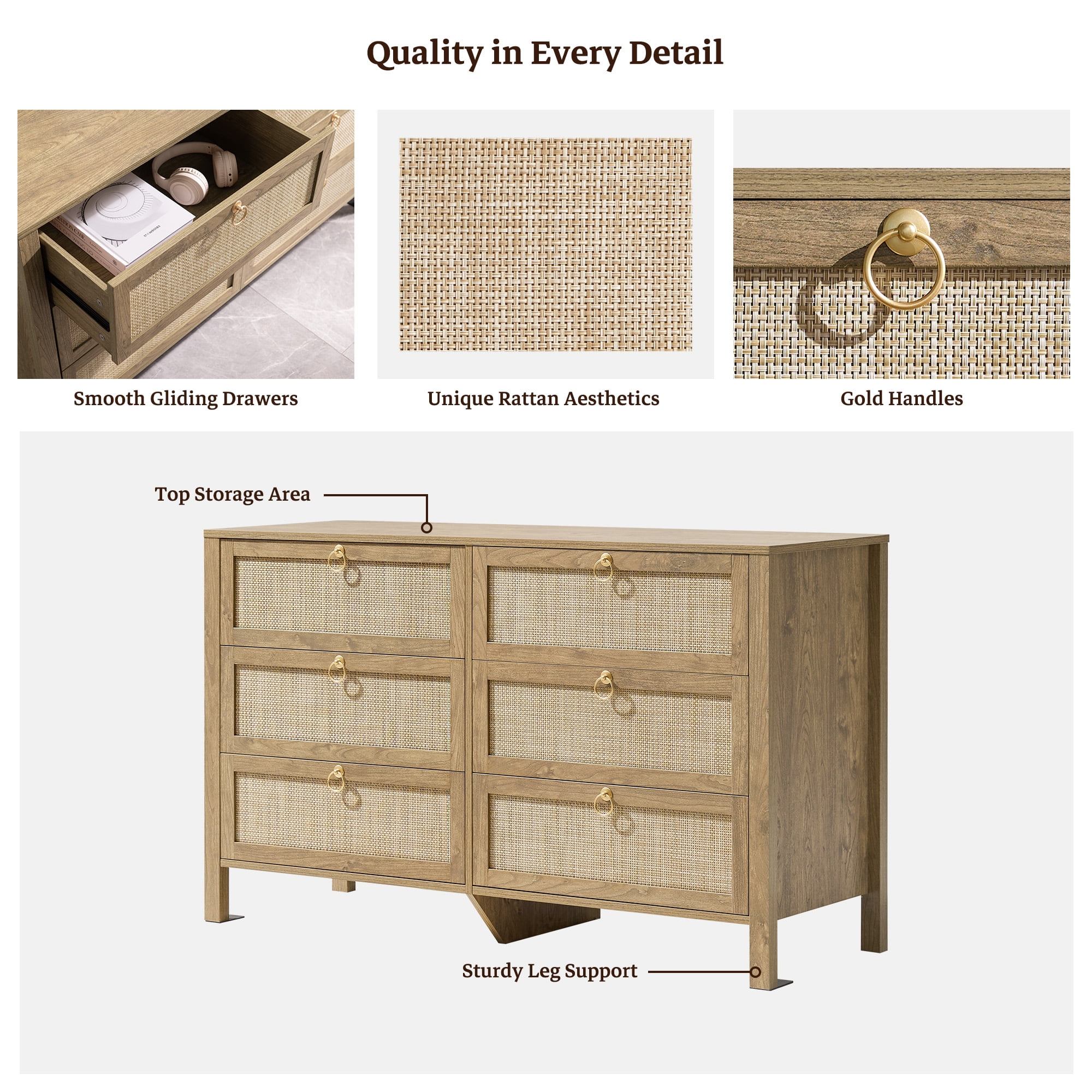 SICOTAS 51.14" Wide 6-Drawer Rattan Dresser Set of 2, Long Boho Chest of Drawers with Gold Handle for Bedroom, Coastal Bedroom Furniture in Cherry Oak