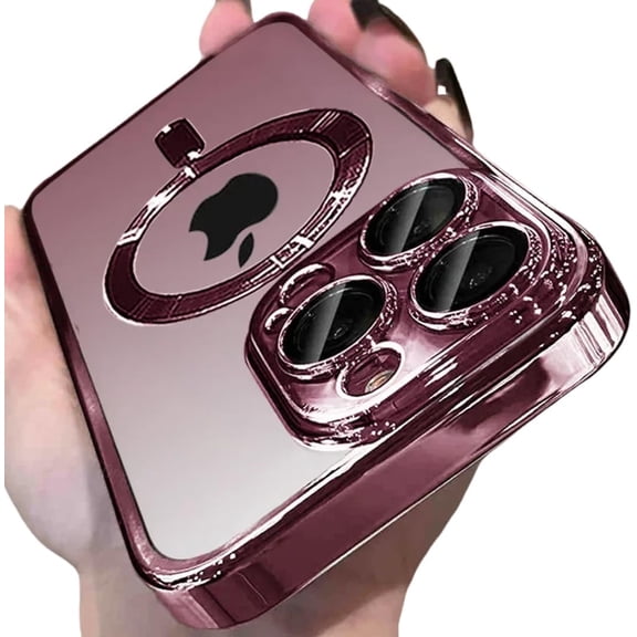 Luxury Plating Phone Case for iPhone 16 15 14 13 12 11 Pro Max Plus Hd Lens Protection Magnetic Wireless Charging Cover(for iPhone 14/Pink)
