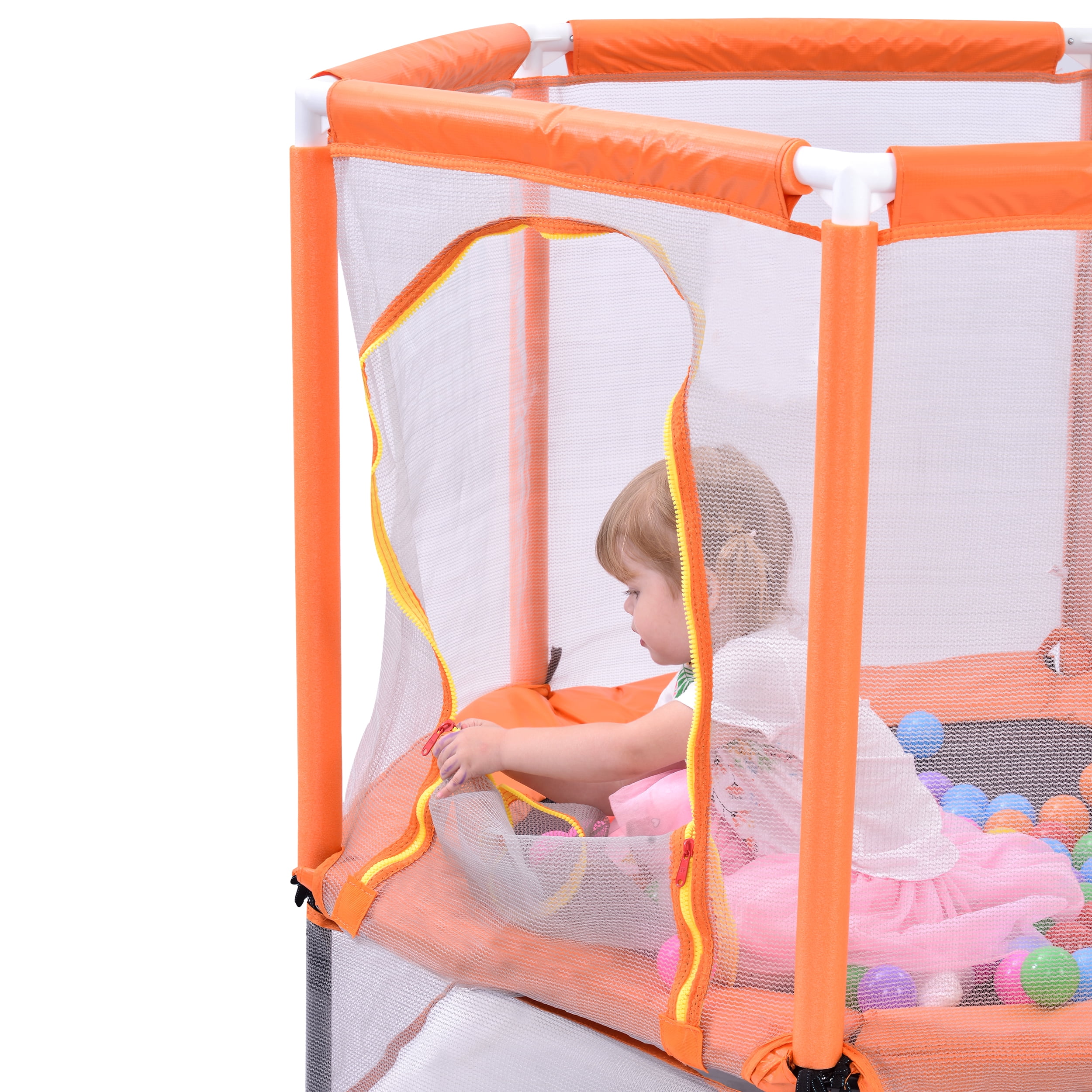 55" Toddler Trampoline with Safety Enclosure Net & Ocean Balls, Indoor Outdoor Mini Trampoline for Kids, No-Gap Design, ASTM Certified, Birthday Gift for Boys Girls