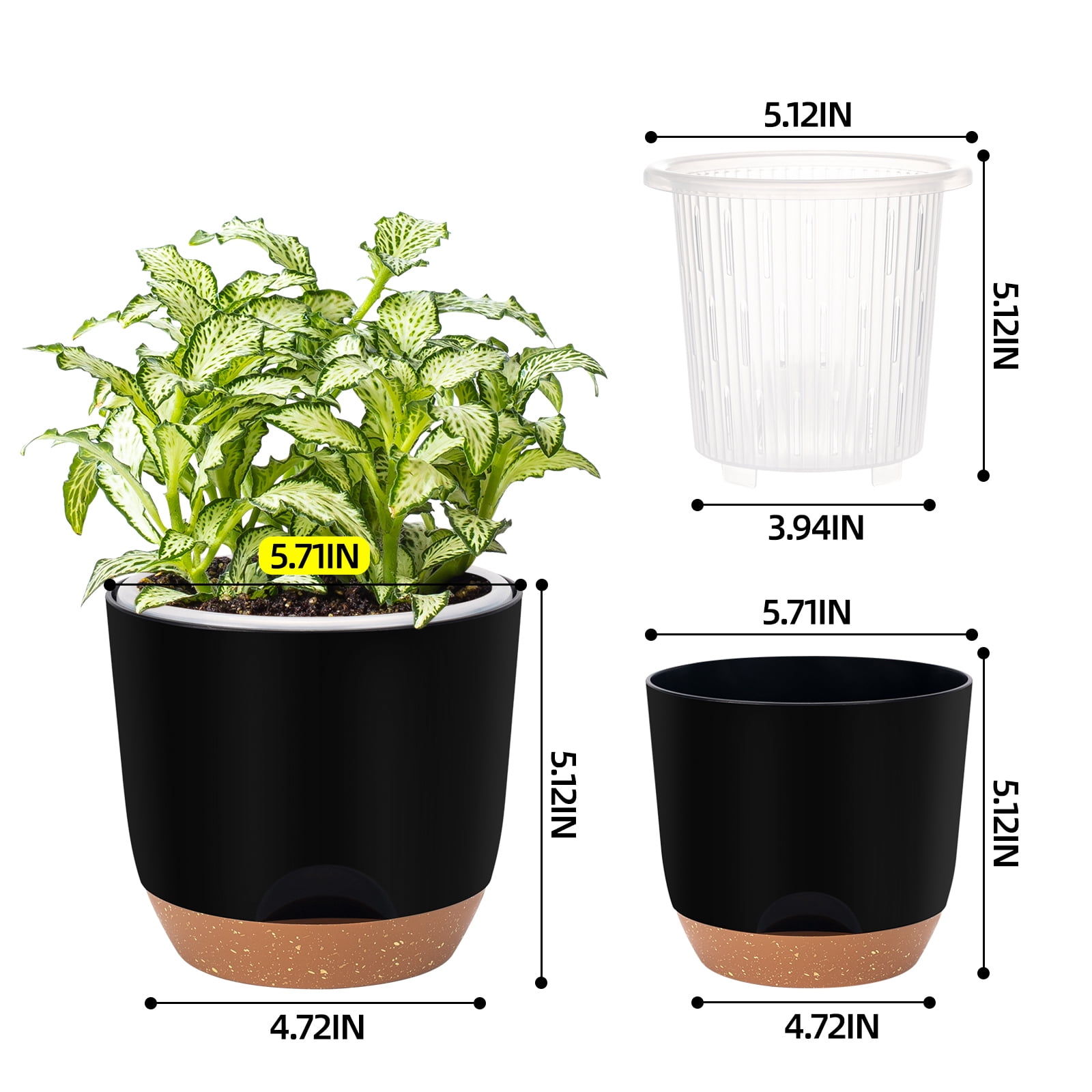 QCQHDU 5.8 Inch Self Watering Planters for Indoor Plants with Bottom Watering,2Pack Flower Plant Pots for Outdoor with Drainage, Durable Plastic planters Pots(Black)