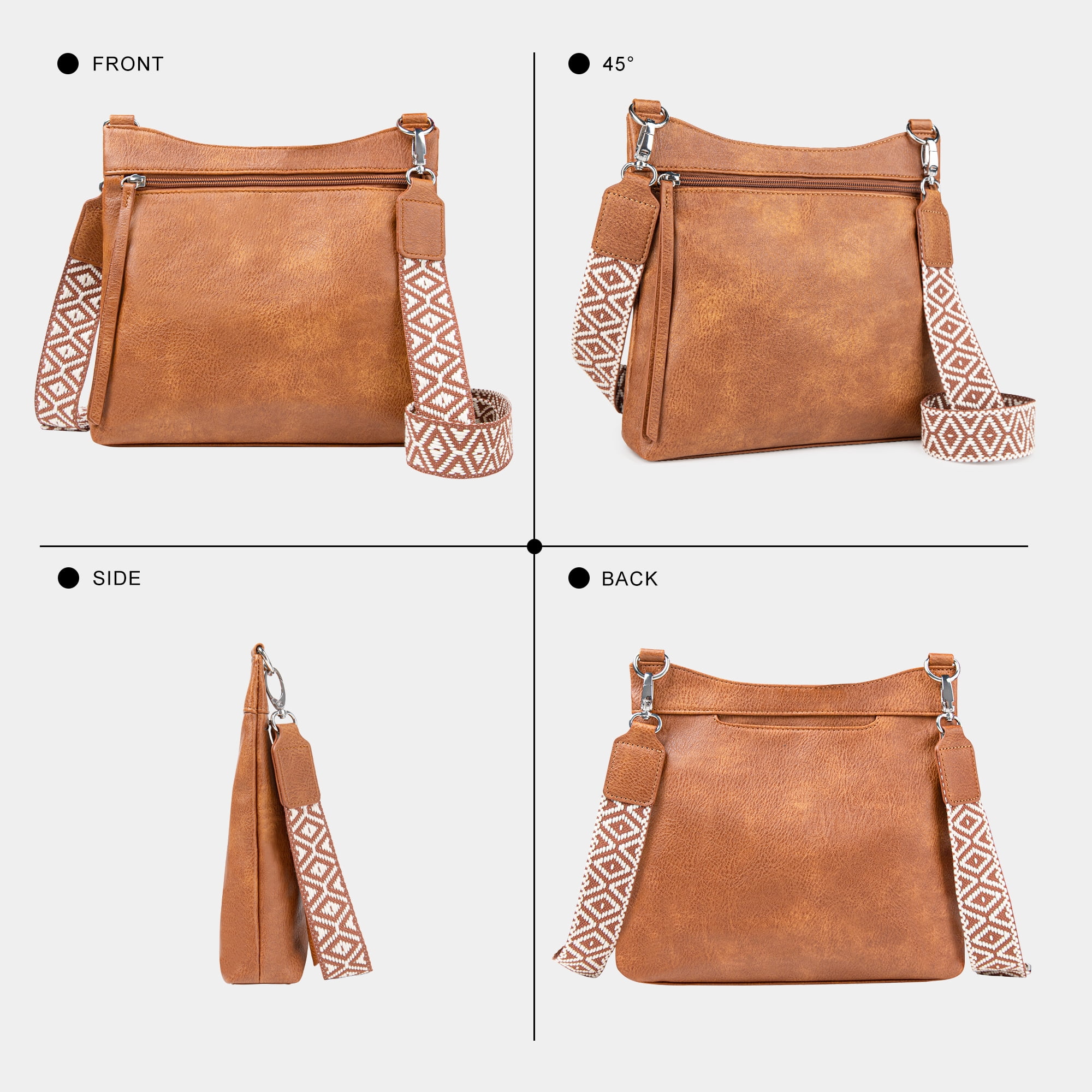 Women's Soft Vegan Leather Crossbody Bag, 2 Interchangeable Straps, Multi-Pocket Spacious Shoulder Purse for Commute, Work, Travel, Shopping & Daily Use, Brown