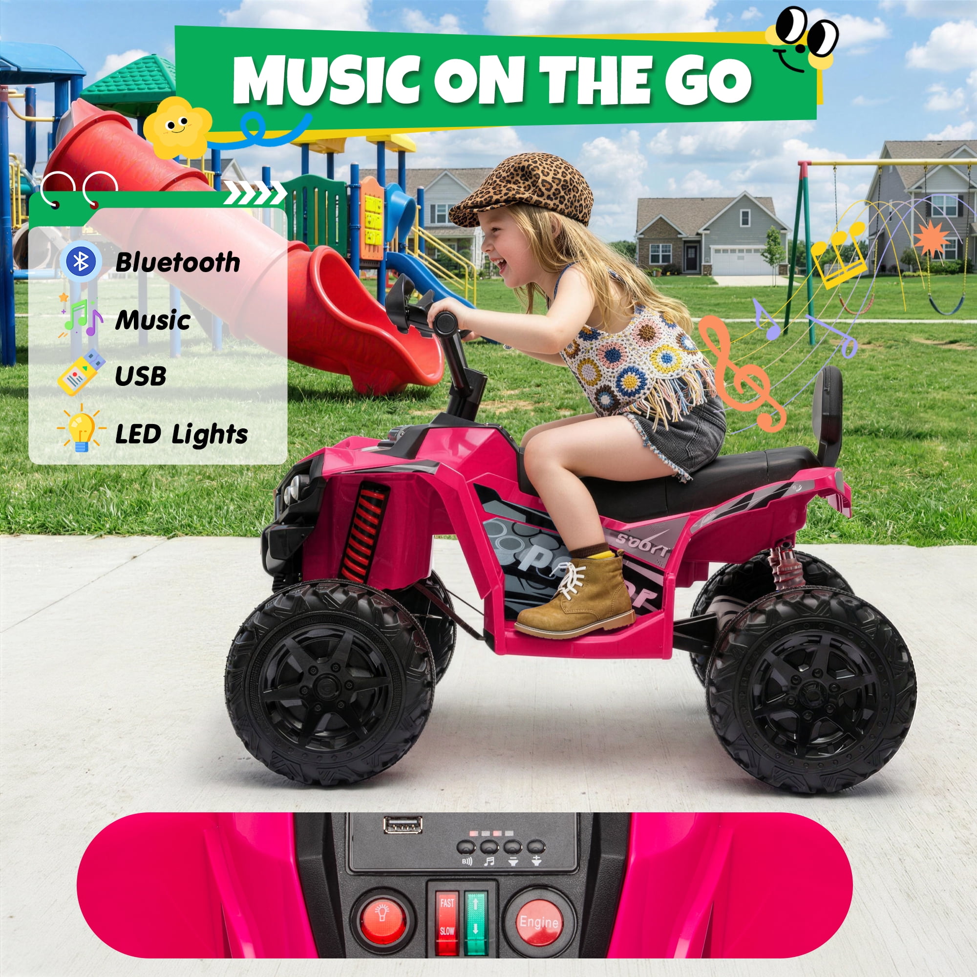 24V Kids Ride On ATV for Ages 3-8, 4WD Electric Quad with 4 Motors, Bluetooth Music, LED Lights, Spring Suspension, 3-5 km/h, 110 lbs Capacity, Battery Powered Toy for Boys Girls, Pink