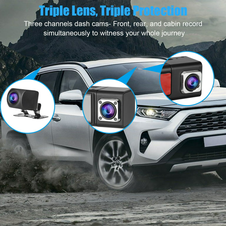 Etokfoks 3-Channel Car DVR Dash Cam Video Recorder with 1080p Front Inside Rear Camera G-Sensor Night Vision Parking Monitor
