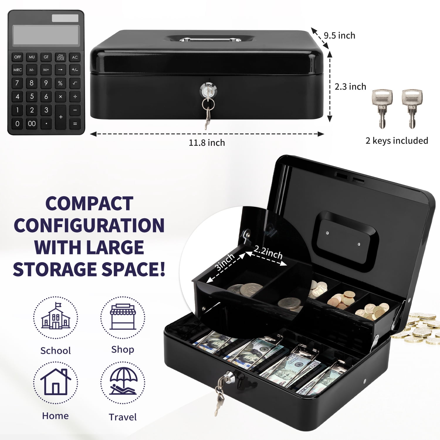 SkyAuks Piggy Bank, Cash Box with Money Tray and Key Lock to Secure Money, Jewelry, 11.8"x 9.5"x3.5", Black