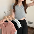 thumbnail image 3 of Women's Solid Color Fashionable Casual V-neck Crop Exposed Short Sleeved Top, 3 of 10