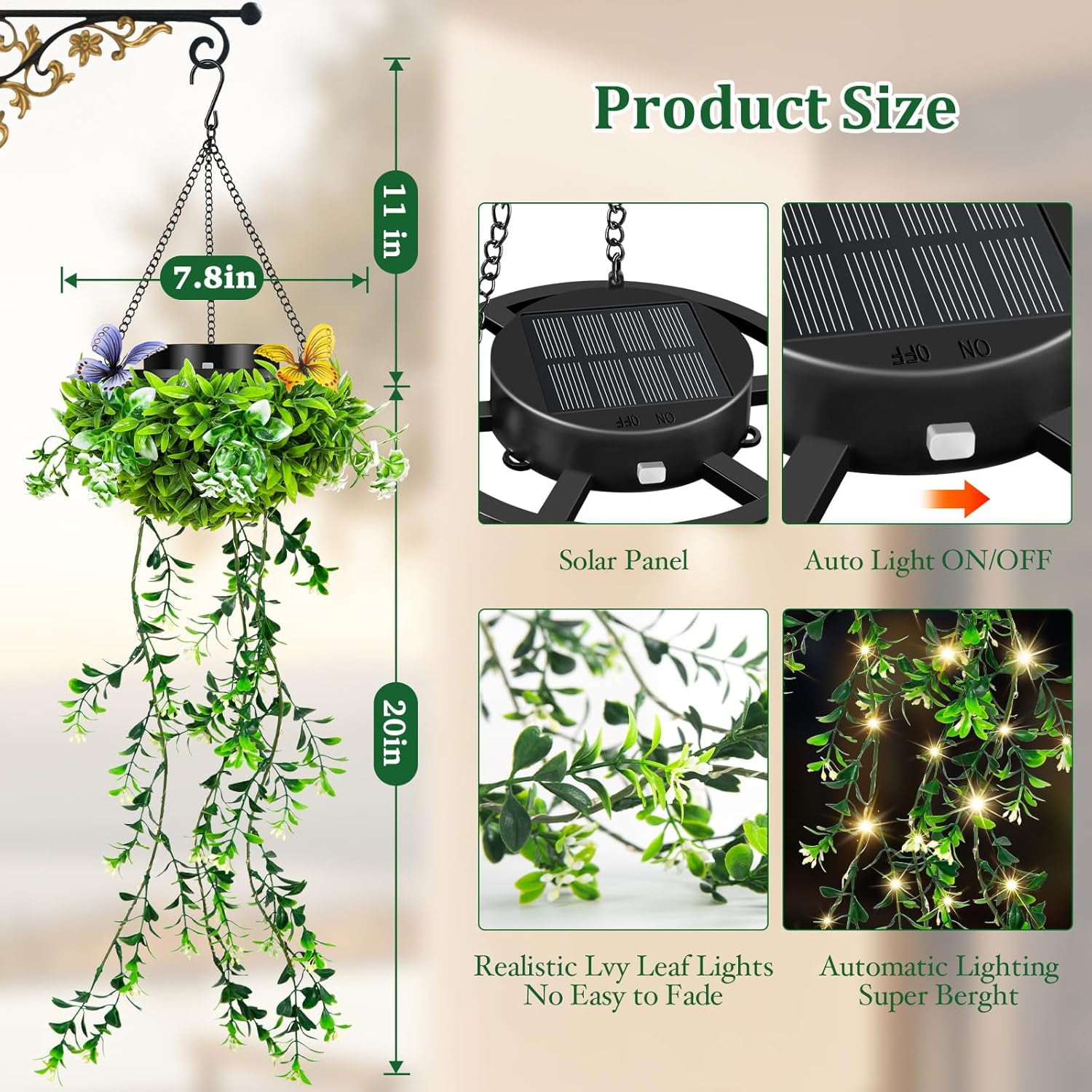 Solar Hanging Garden Lights, IP65 Waterproof Outdoor Hanging Artificial Plants Garden Lights with Artificial Ivy Flower Fairy String Lights for Patio Porch Balcony Spring Garden Decor (2PCS)