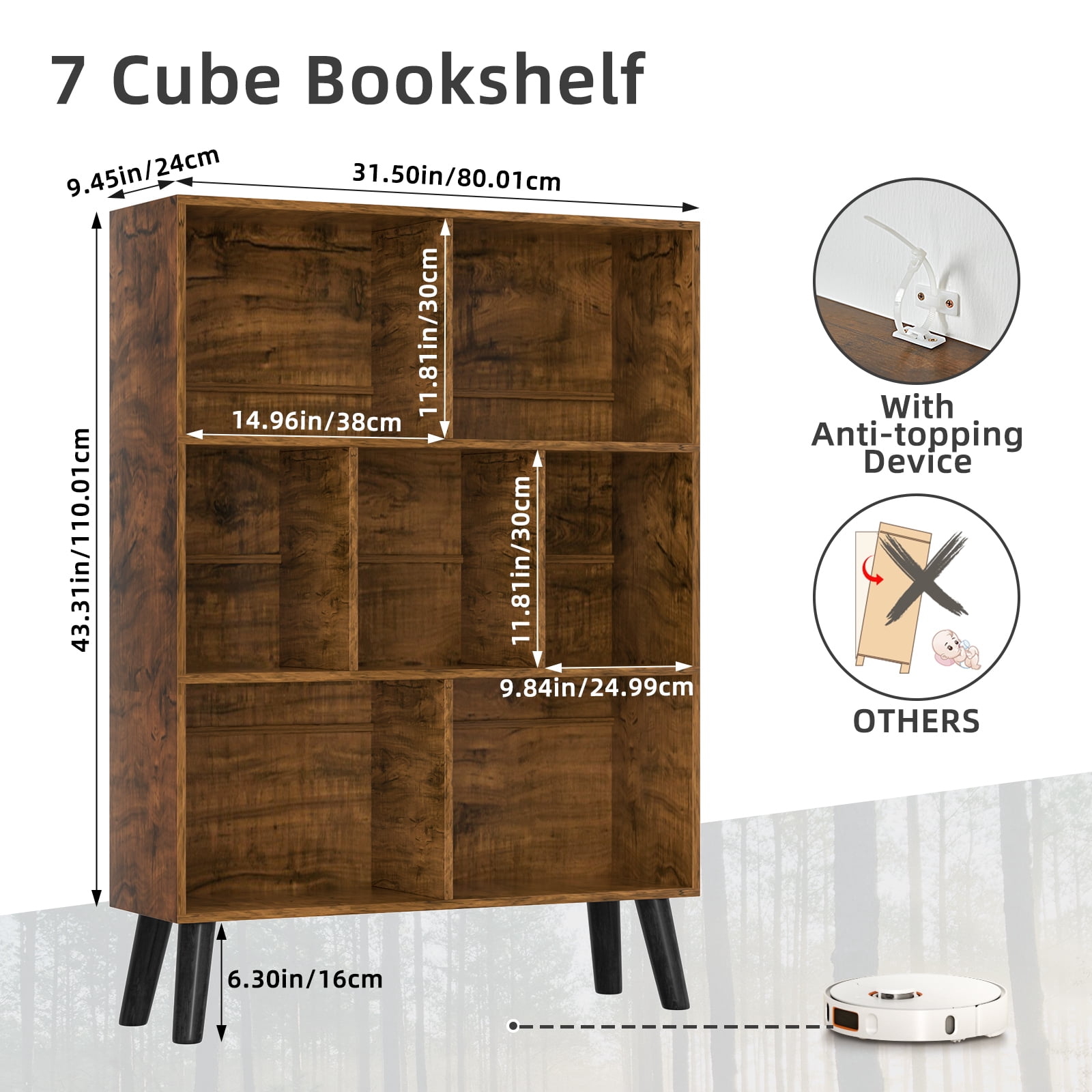 LEYAOYAO 3-Tier Bookshelf with 7 Open Cubes, Modern Wooden Storage Rack, Multi-Use Shelf for Living Room, Office, Study, Brown