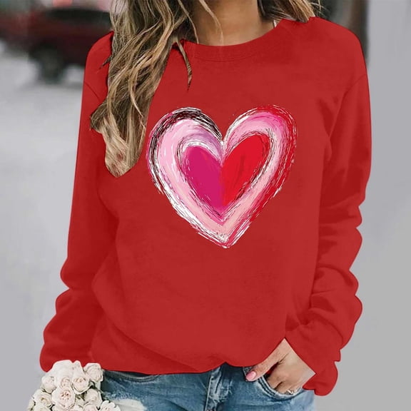 My Order Stylish Ladies Love Heart Print Long Sleeve Round Neck Shirt for Spring Wear Valentine's Day Blouse My Items