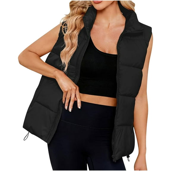JGGSPWM Puffer Vest for Women's Outerwear Puffy Oversized Sleeveless Zip Up Padded Stand Collar Jacket Coat with Pockets Black 2XL