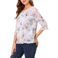 thumbnail image 5 of MODA NOVA Juniors Floral Round Neck Ruffled 3/4 Sleeves Flowy Chiffon Blouse, 5 of 7