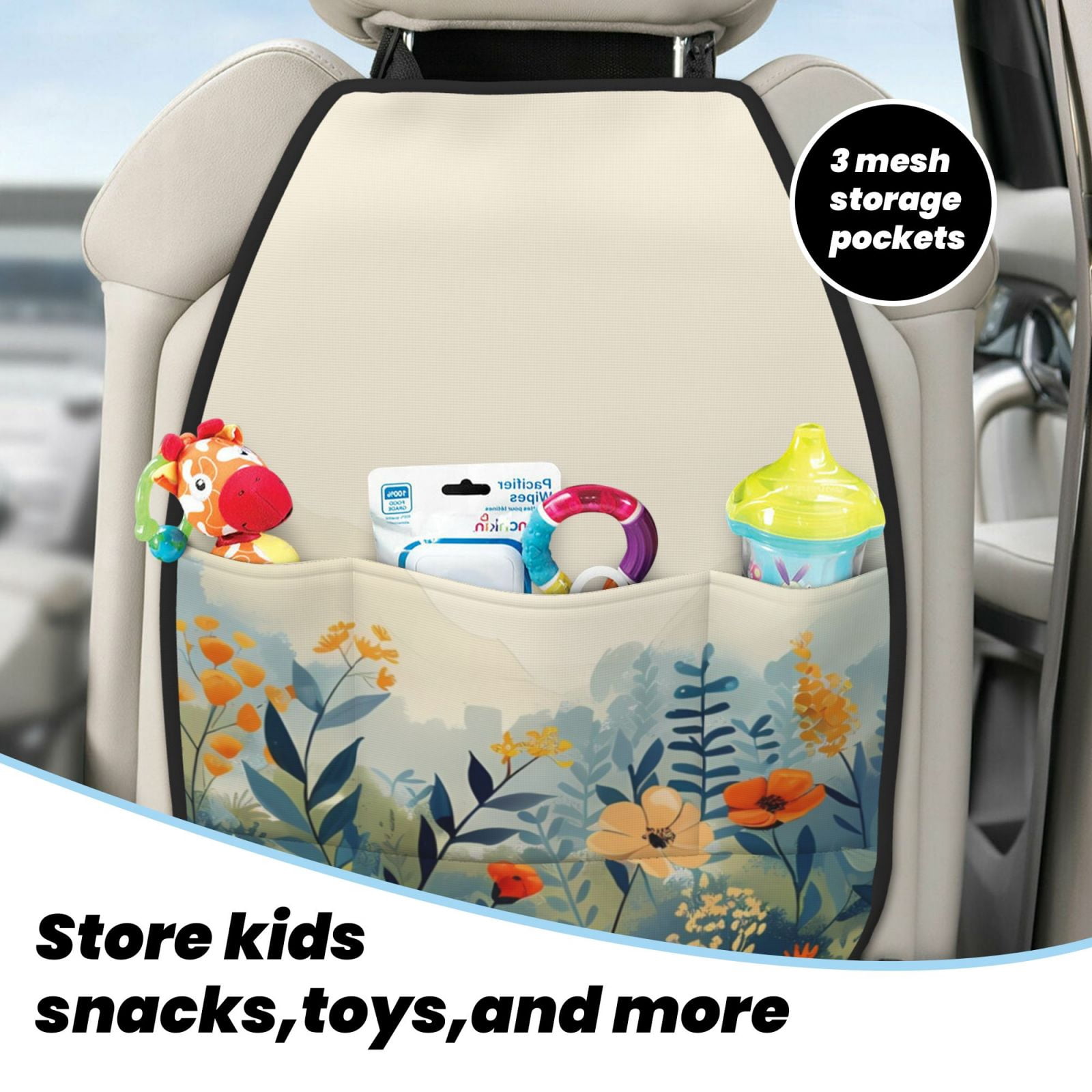 Kdxio Floral Mountain Landscape Print 2 Pack Car Kick Mat Seat Cover Back Protector Mat with Pockets for Organizer Backseat Protector and Storage Anti Kick Pad for Vehicles