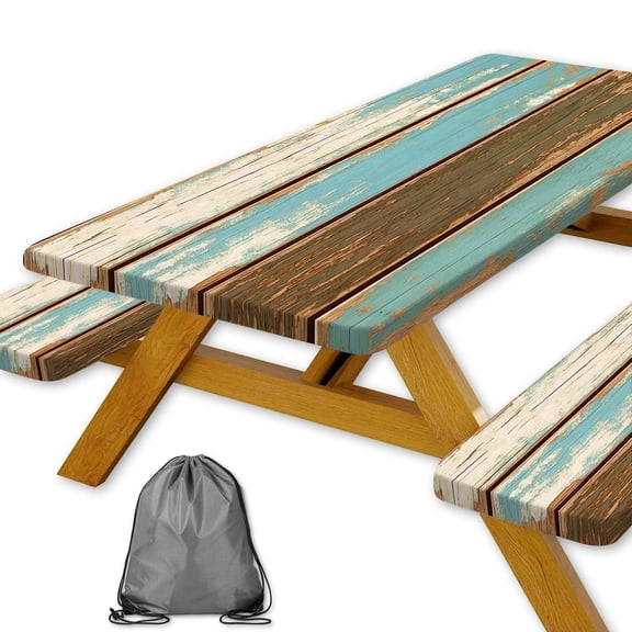 Picnic Table Cover with Bench Covers, Camping Essentials, Farmhouse Wood Green Windproof Table Cover, Fitted Tablecloth Cover with Elastic Edge, for Indoor & Outdoor, 3 PCS, 30x72 Inch