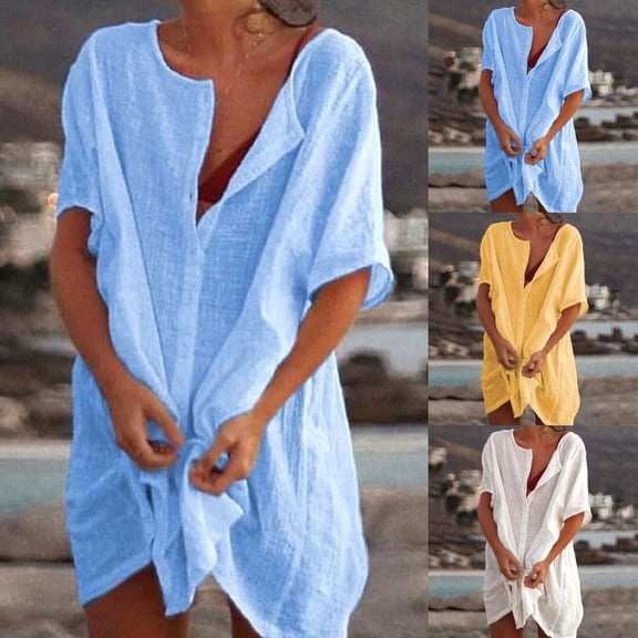 Antinious Summer Dresses for Women,Womens Dresses for Party,Plus Size Mini Dresses for Curvy Women Solid Short Sleeve V-Neck Solid Patchwork Beach Dress,White,XXXXL
