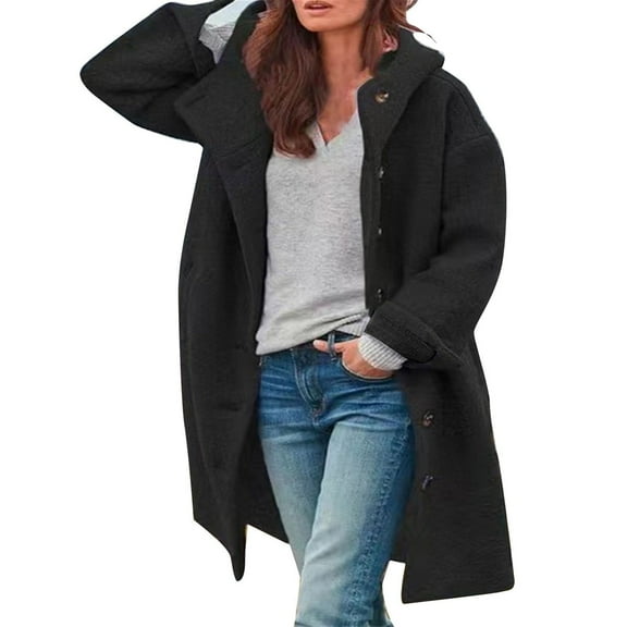 Tiqkatyck Trench Coat on Sale, Women's Long Sleeve Casual Fleece Fuzzy Jacket Loose Fit Warm Winter Outerwear Fashion Lapel Jacket Coats Winter Coats for Women, Pea Coats for Women Black L