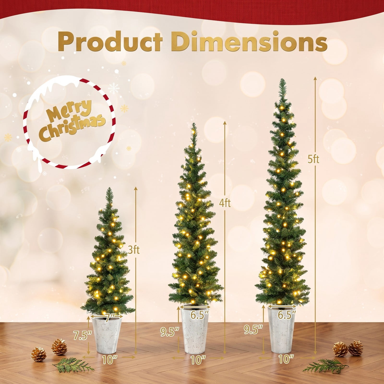 RUIE Set of 3 Pre-Lit Artificial Christmas Trees, 3 FT Tabletop Xmas Trees with 230 Warm White LED Lights, Auto Timer, Weighted Metal Base, PVC Holiday Decor, Green