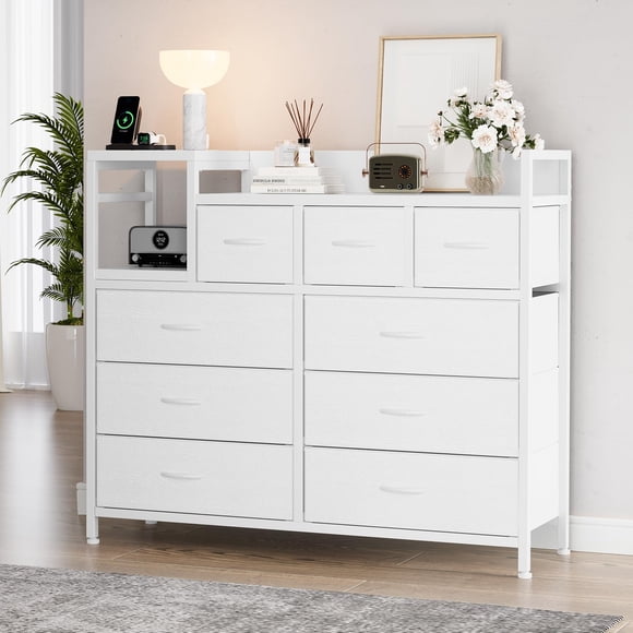 EDTara 39" Modern Fabric Drawer Dresser TV Stand, Multi-Functional Charging Station, Chest of Drawers for Bedroom, Living Room, Hallway