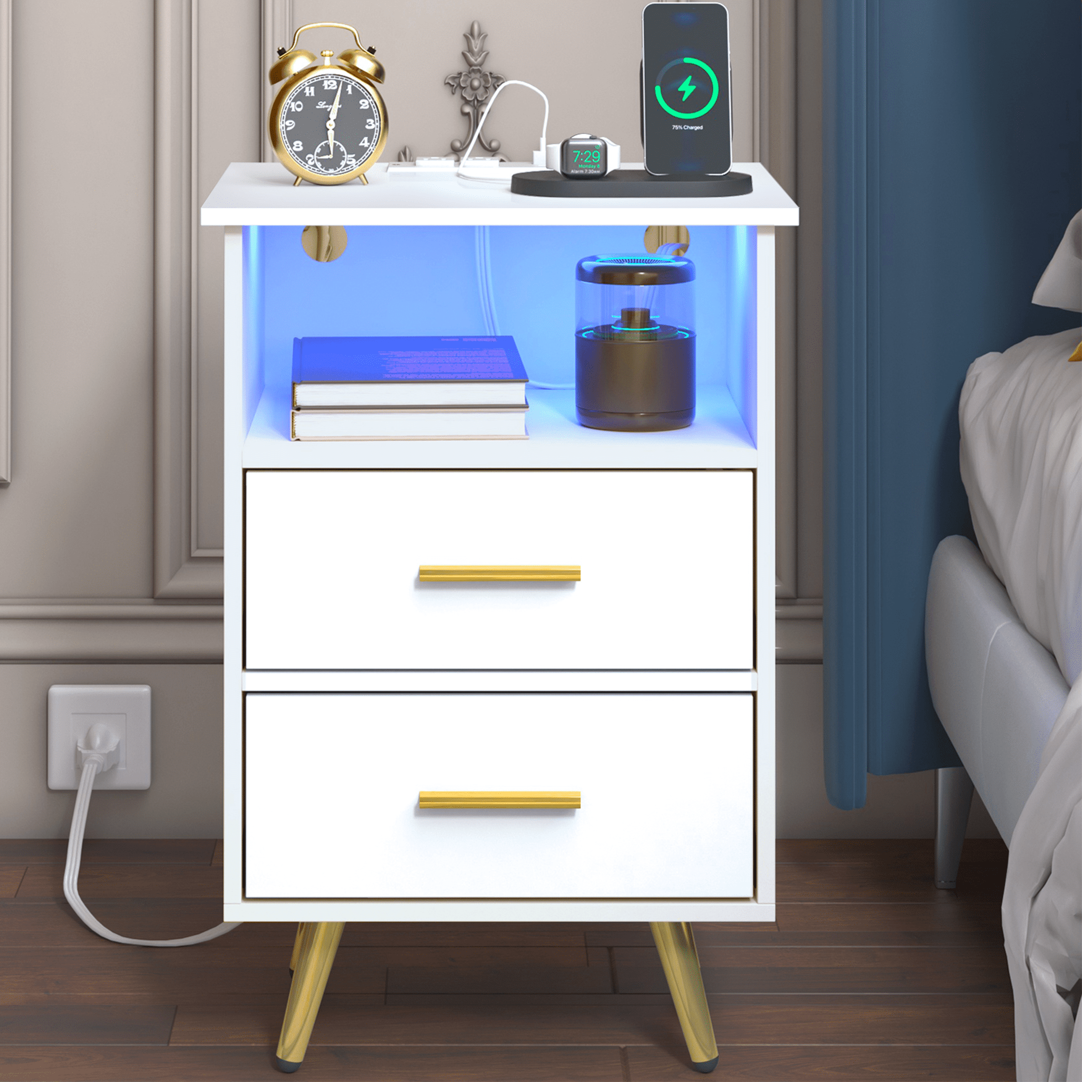 UHOMEPRO White Nightstand with Charging Station, Bedside Table with LED Lights Strips, Modern End Side Table, Versatile Nightstand with Drawers, Side Table for Home and Office