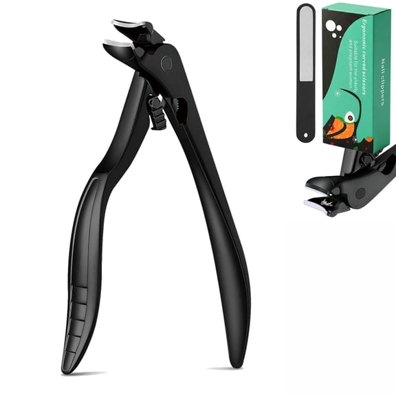 Ergonomic Curved Long Handle Nail Clippers - Pliers-Style Toenail Clippers, Easy Grip for Seniors and Thick Nails, Built-in Nail Catcher & Safety Switch (Black)