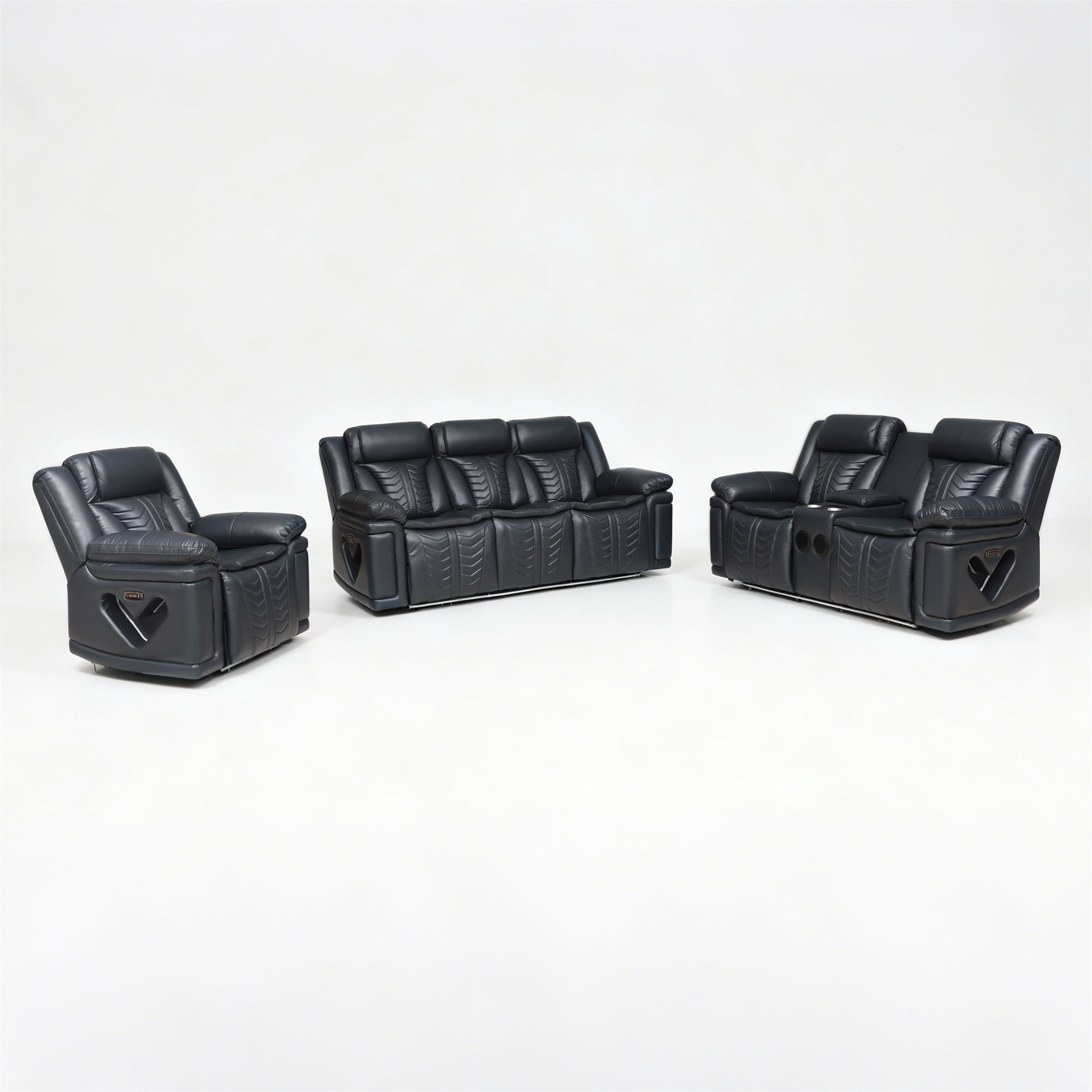 Electra Luxury 3-Piece Power Reclining Living Room Set - Dark Grey Faux Leather Motion Sofa, Loveseat, and Recliner Chair with LED Lighting, Bluetooth Speakers, Drop-Down Table, and Wireless Charging
