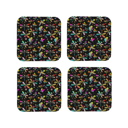 

Coasters Set of 4 - Dragonfly Print No.9018 Drink Coasters for Tabletop Protection Leather Coasters for Living Room Decor and Housewarming Gift Square