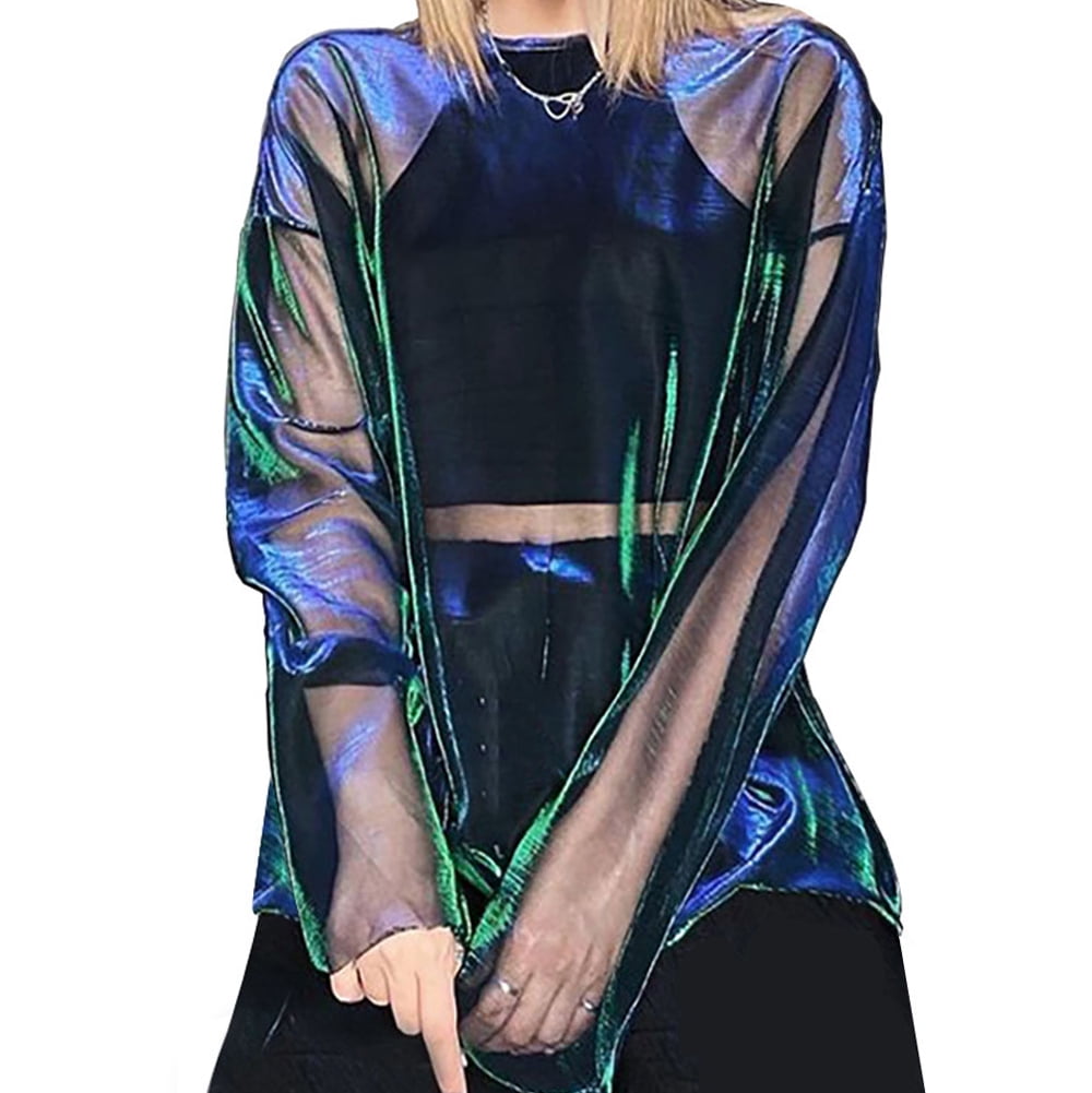 Douhoow Women Shiny Sheer Mesh See Through Tops Summer Loose Blouse ...