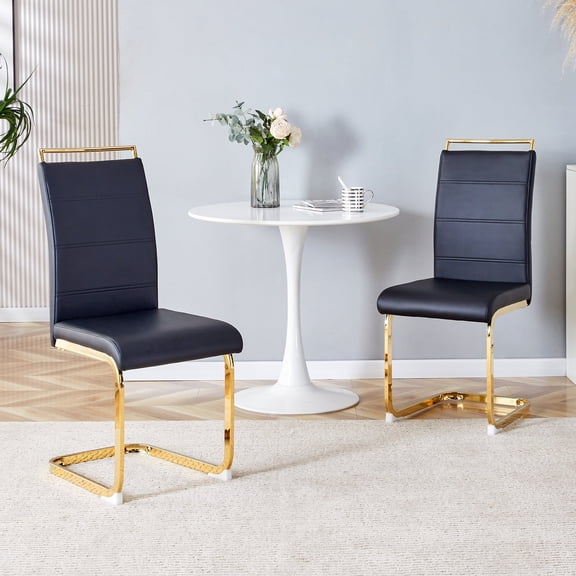 StnTalk Set of 2 Cantilever Dining Chairs, Black Faux Leather Upholstered Kitchen Chairs with Gold Metal Frame, Modern High Back Chairs for Dining Room Apartment