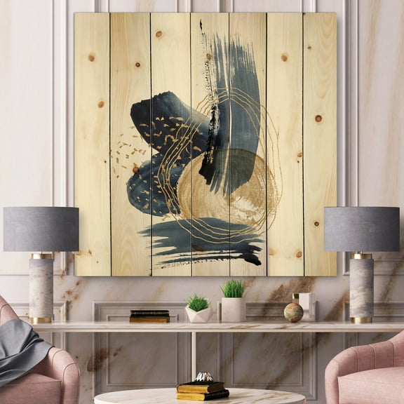 Designart 'Gold Strokes and Landscape of Dark Blue Mountains II' Modern Print on Natural Pine Wood