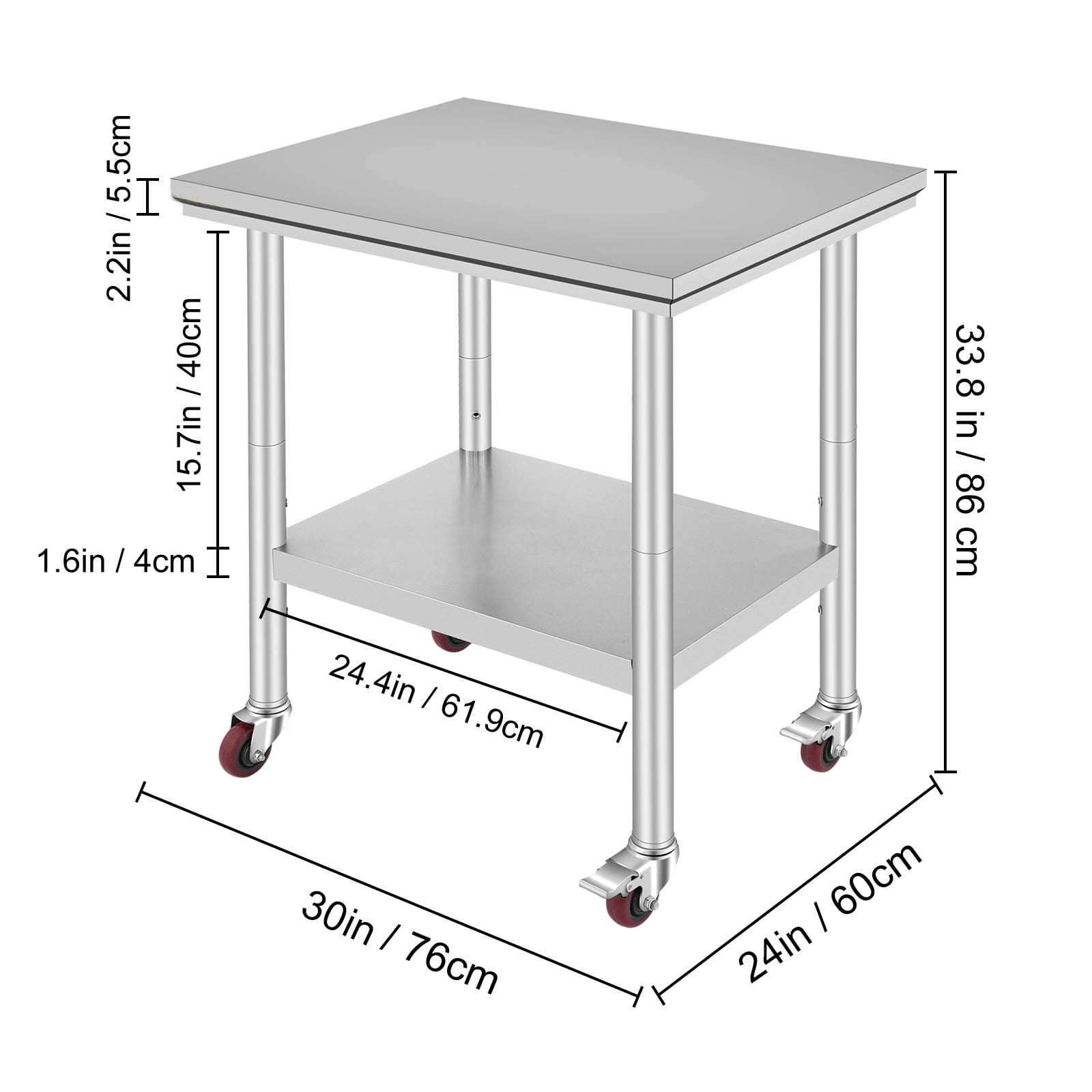 VEVOR Superior Stainless Steel Work Table with Wheels 30x24inch Food Prep Utility Work Station, Adjustable Undershelf, Easy to Install