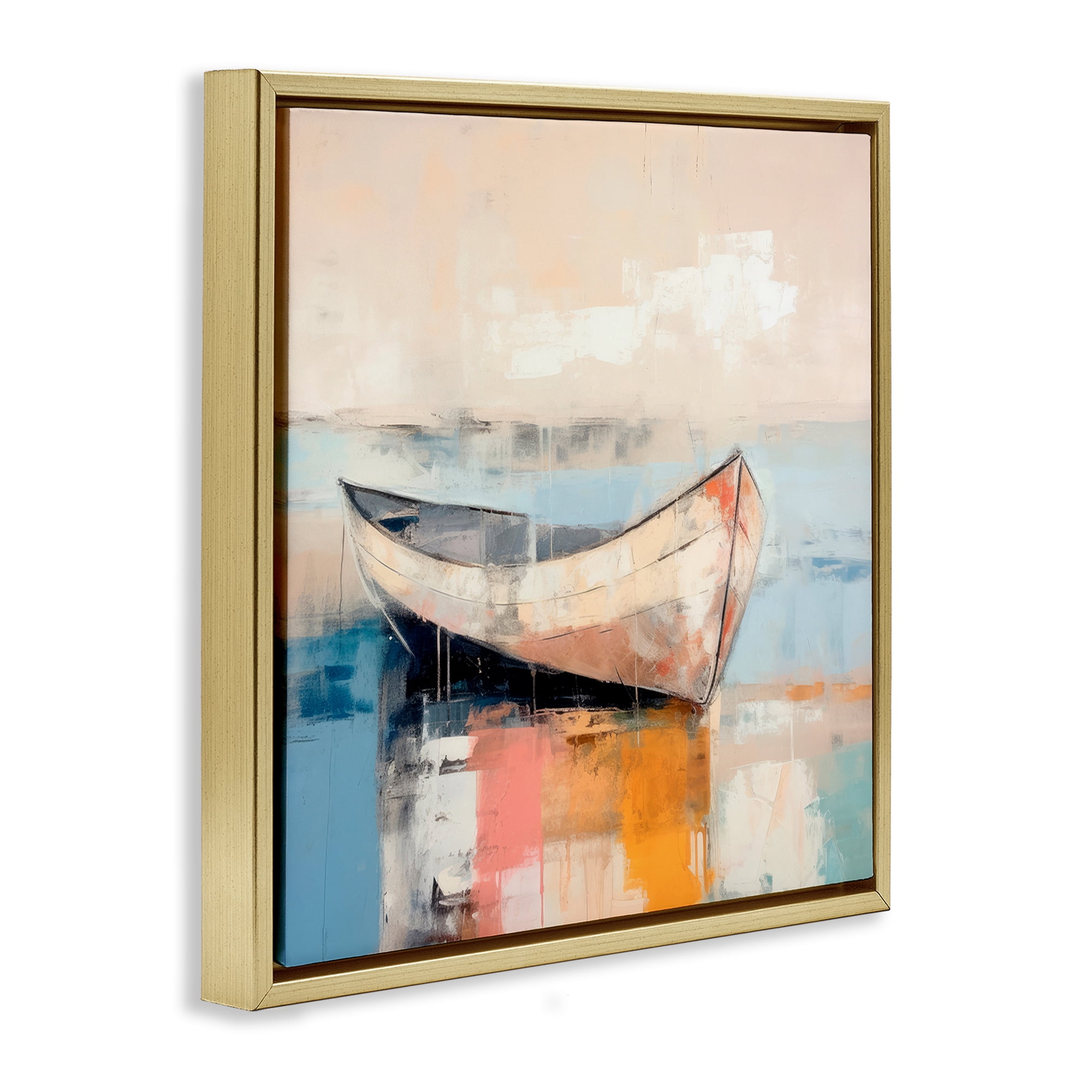 Stupell Industries Sunlit Boat Reflection Transportation Painting Gold Floater Framed Canvas Art Print Wall Art, 18 x 18